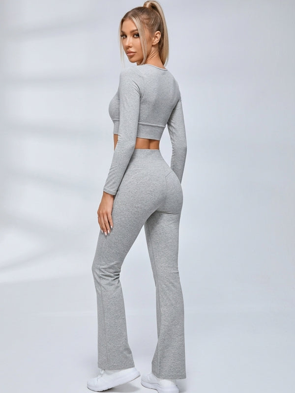 Ruched Front Long Sleeve Flared Leggings Set