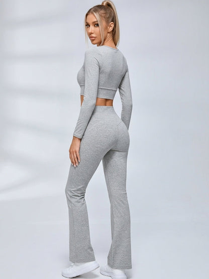 Ruched Front Long Sleeve Flared Leggings Set