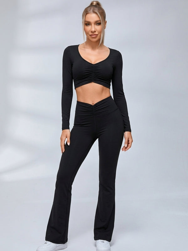 Ruched Front Long Sleeve Flared Leggings Set