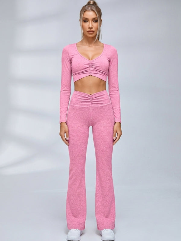 Ruched Front Long Sleeve Flared Leggings Set