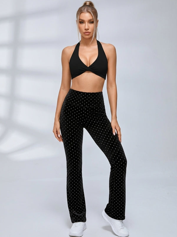Twist Halter Polka Dot Flared Leggings Set