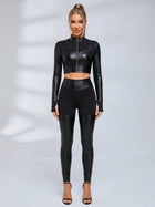 Long Sleeve Faux Leather Bodycon Two Piece Set