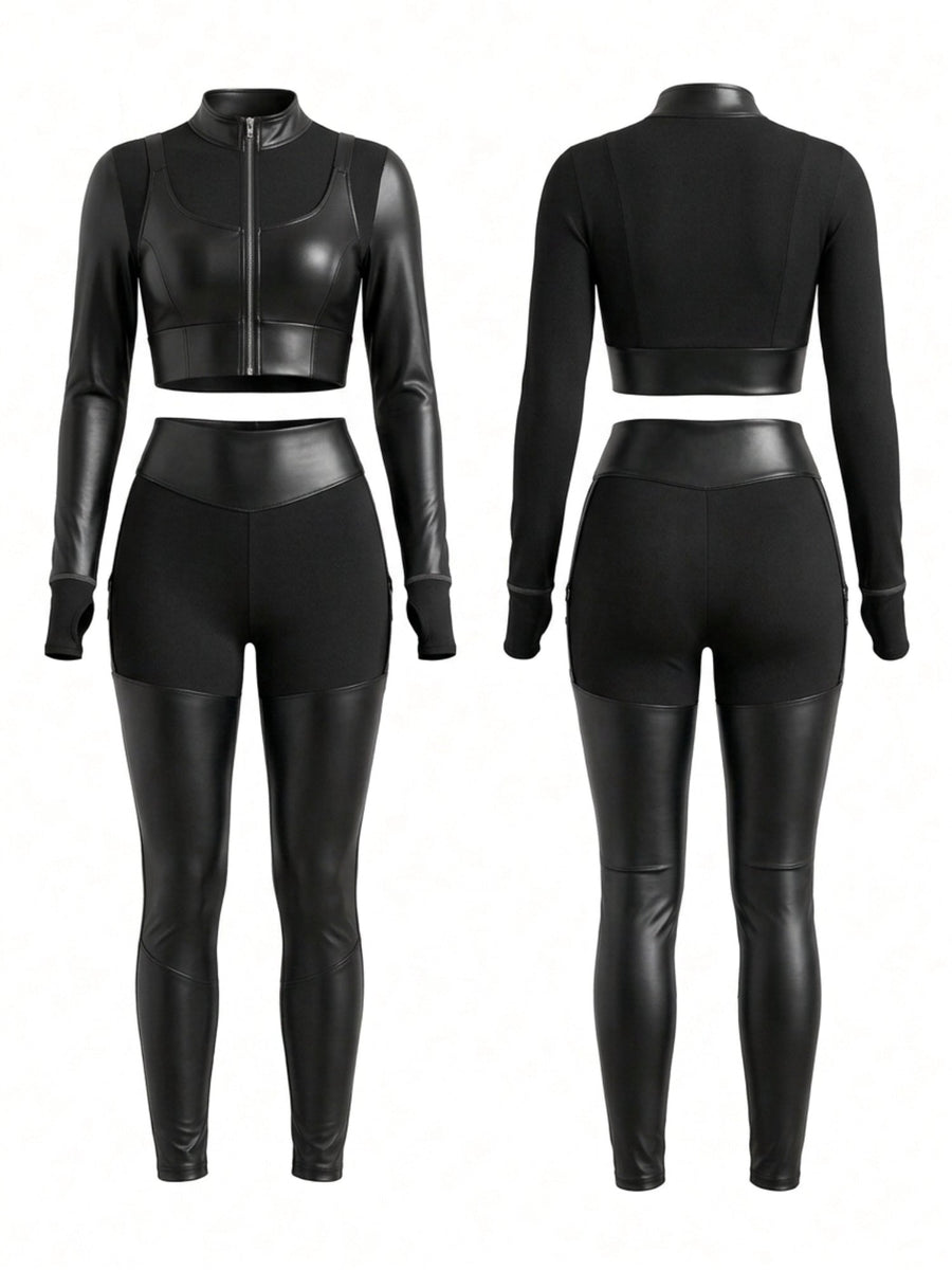 Long Sleeve Faux Leather Bodycon Two Piece Set