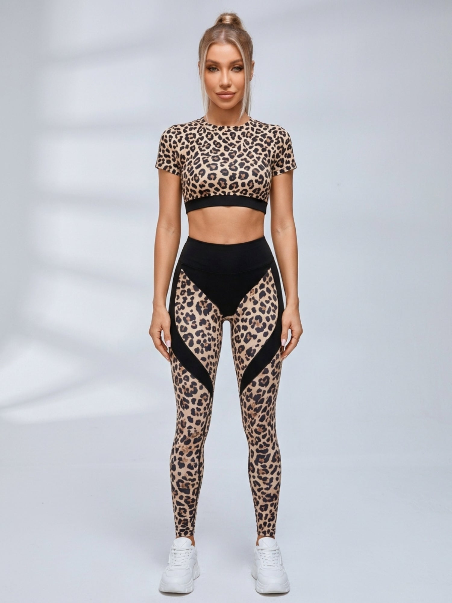 Spliced Leopard Gym 2‑Piece Outfit Slim Fit