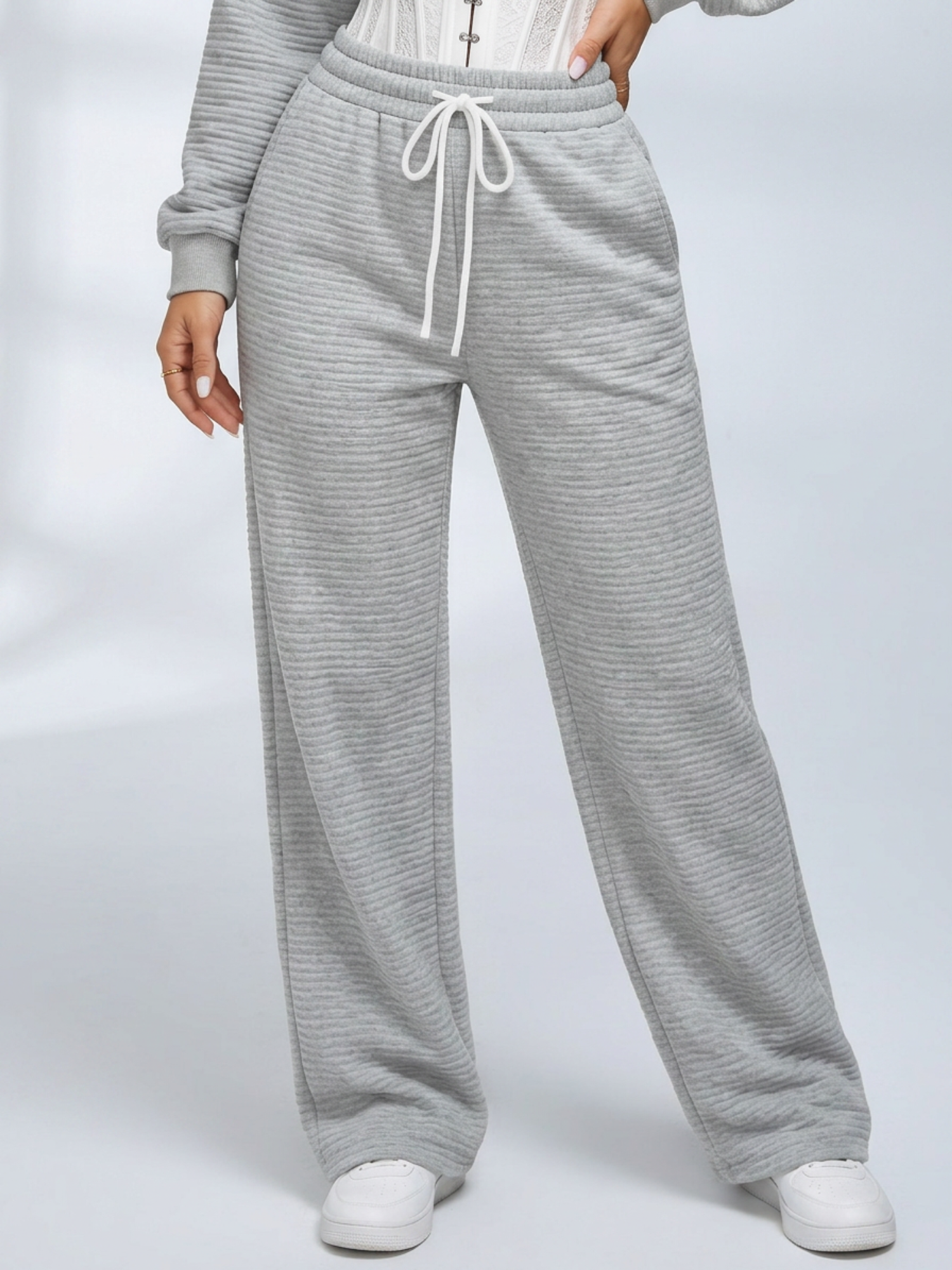 Ribbed Cropped Hoodie Wide Leg Pants 3‑Piece Tracksuit Set