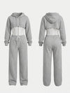 Ribbed Cropped Hoodie Wide Leg Pants 3‑Piece Tracksuit Set