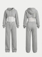 Ribbed Cropped Hoodie Wide Leg Pants 3‑Piece Tracksuit Set