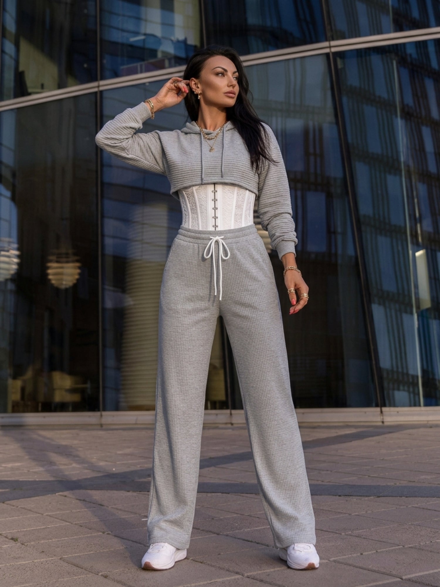 Ribbed Cropped Hoodie Wide Leg Pants 3‑Piece Tracksuit Set