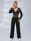 Stripe Trim Hooded Corset Top Wide Leg Pants 2‑Piece Set