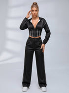 Stripe Trim Hooded Corset Top Wide Leg Pants 2‑Piece Set