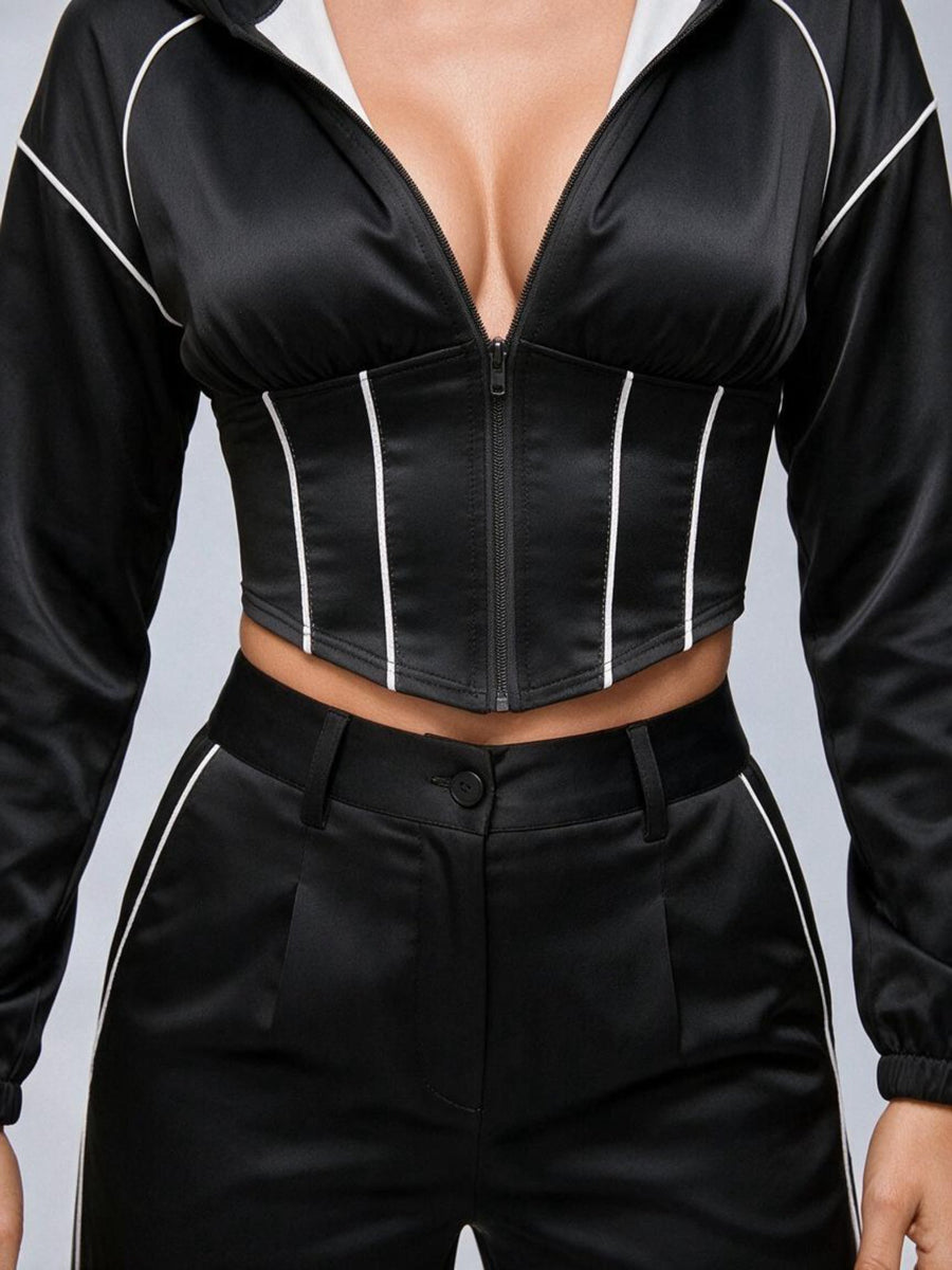 Stripe Trim Hooded Corset Top Wide Leg Pants 2‑Piece Set