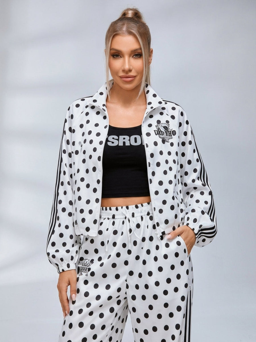 Polka Dot Zip‑Up Jacket Wide Leg Pants 2‑Piece Tracksuit