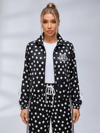 Polka Dot Zip‑Up Jacket Wide Leg Pants 2‑Piece Tracksuit