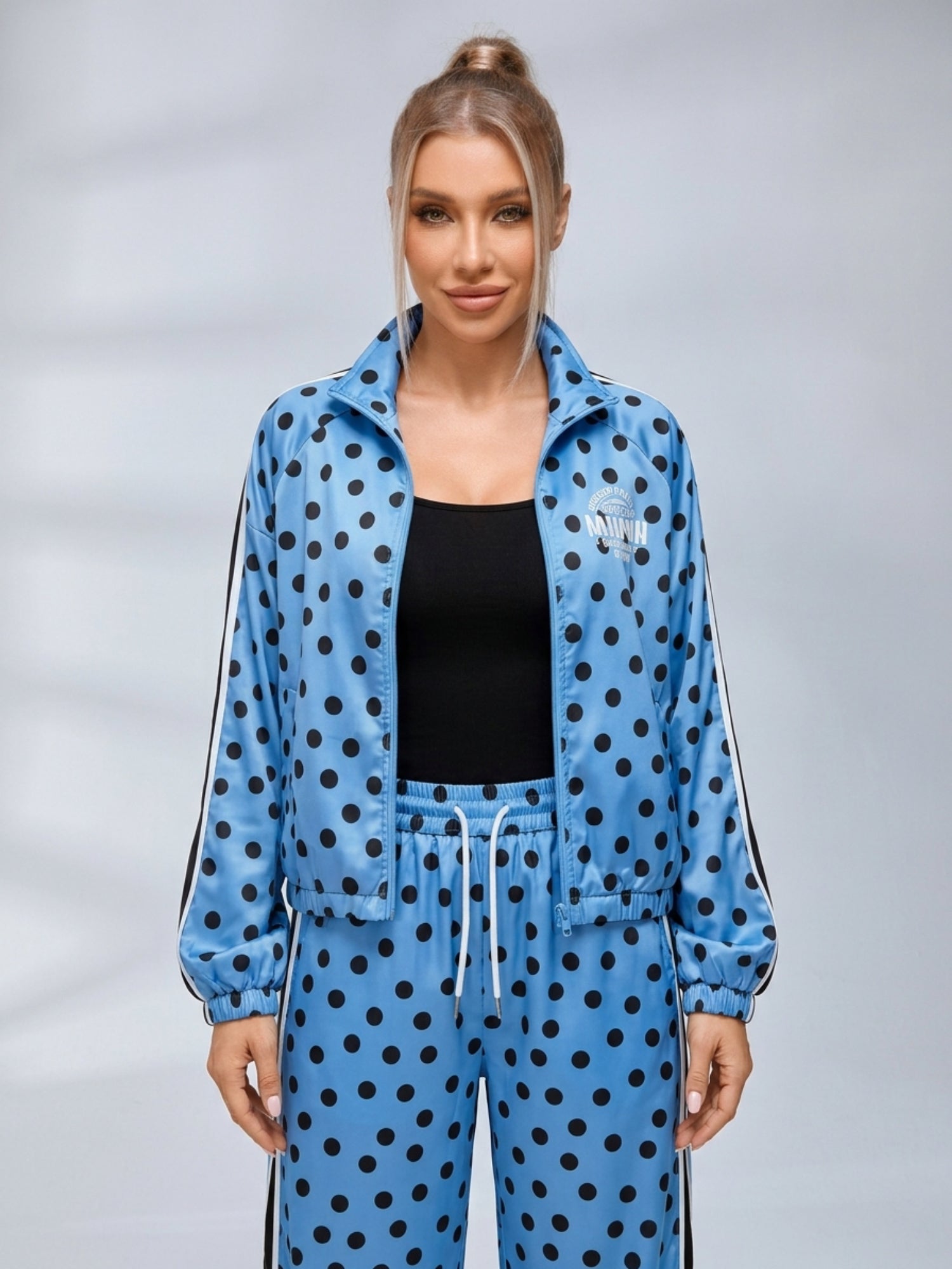Polka Dot Zip‑Up Jacket Wide Leg Pants 2‑Piece Tracksuit