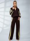 Striped Collared Sweatshirt Wide Leg Pants Set