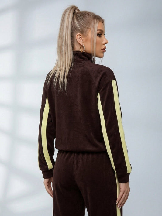 Striped Collared Sweatshirt Wide Leg Pants Set