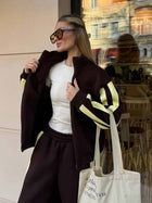 Striped Collared Sweatshirt Wide Leg Pants Set