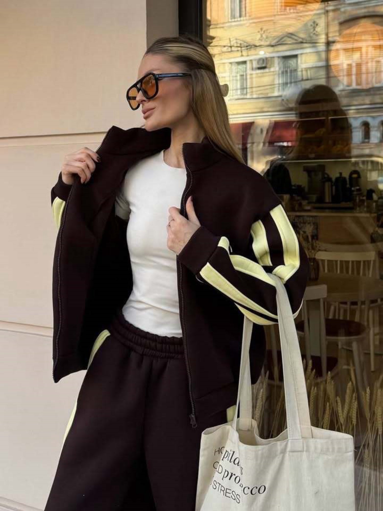 Striped Collared Sweatshirt Wide Leg Pants Set