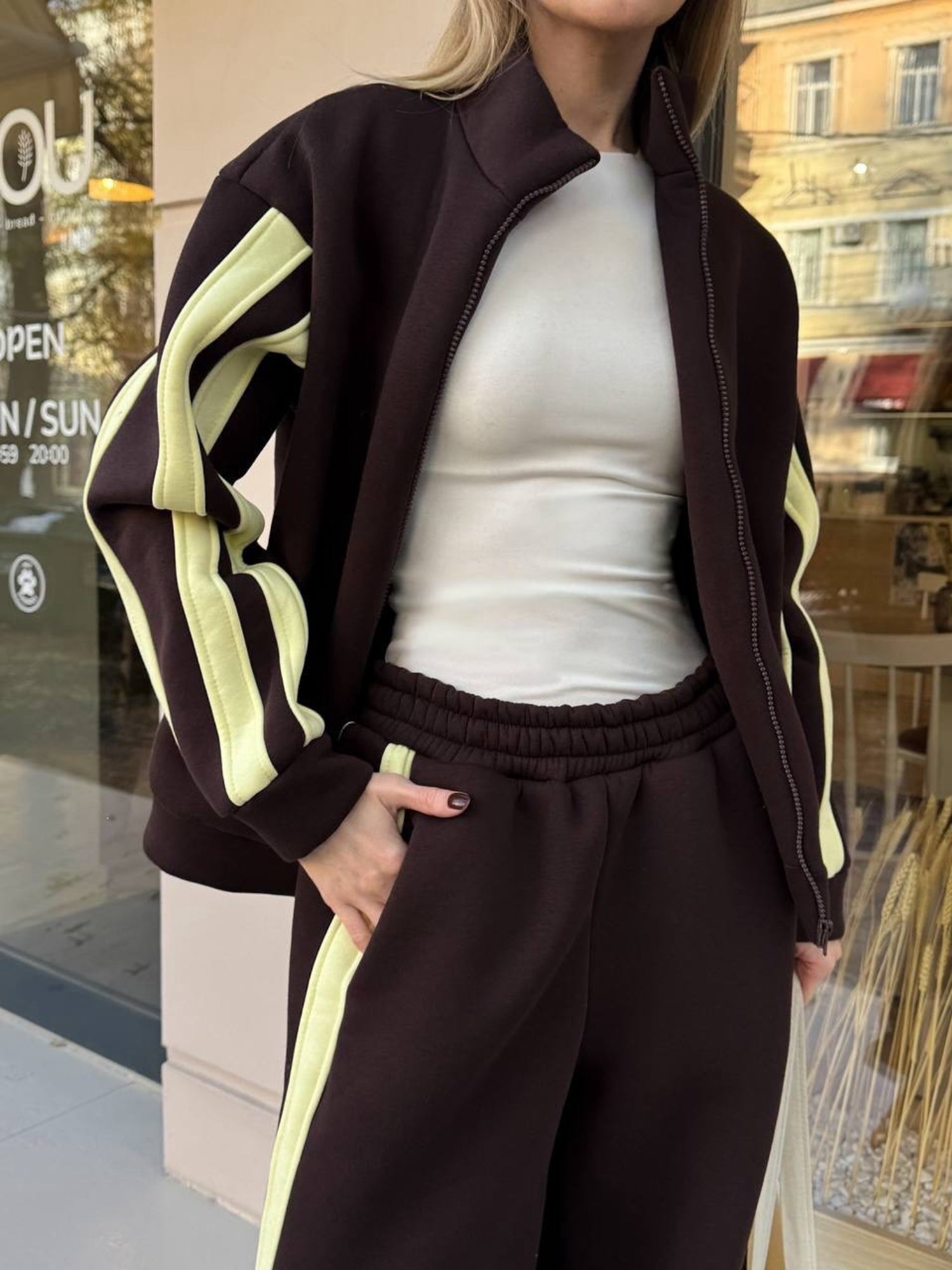 Striped Collared Sweatshirt Wide Leg Pants Set