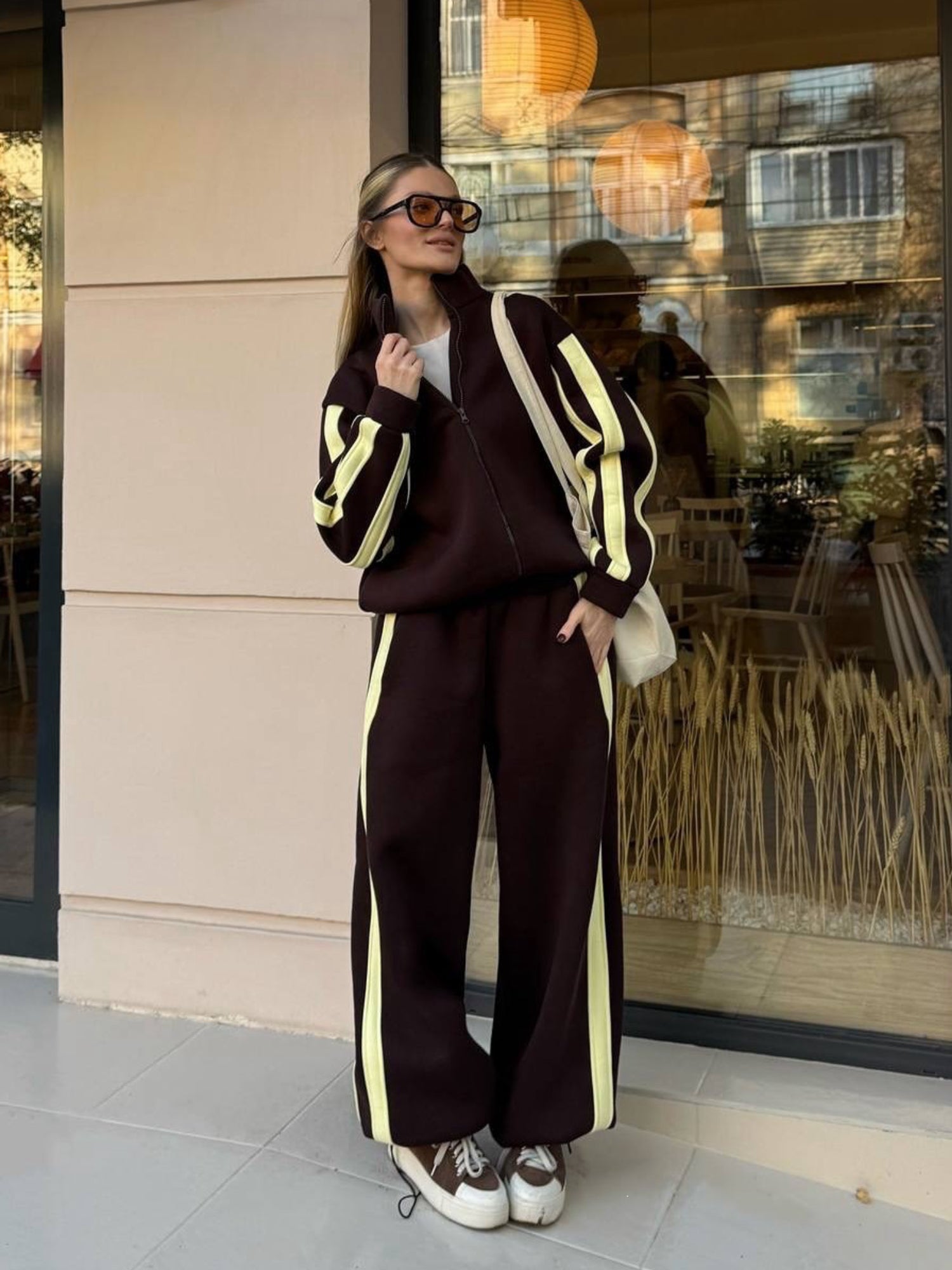Striped Collared Sweatshirt Wide Leg Pants Set
