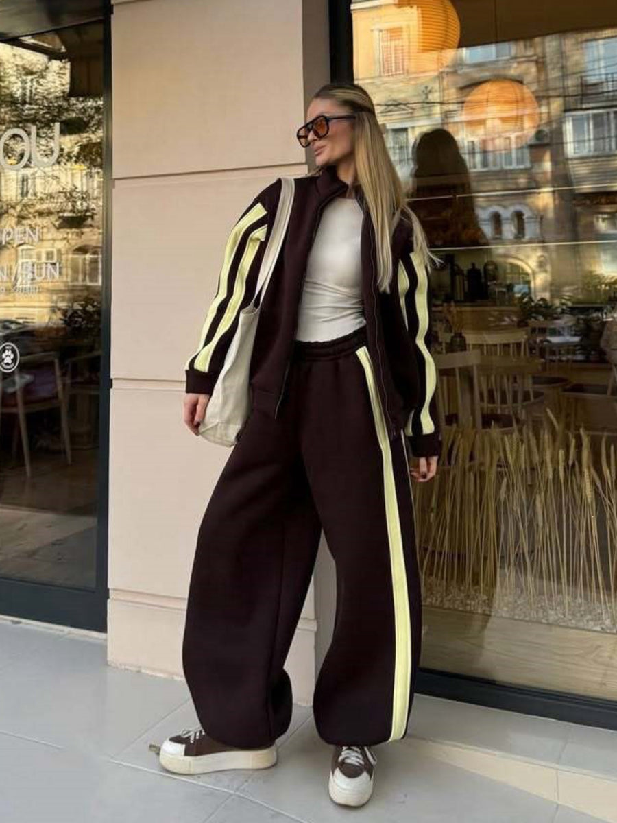 Striped Collared Sweatshirt Wide Leg Pants Set