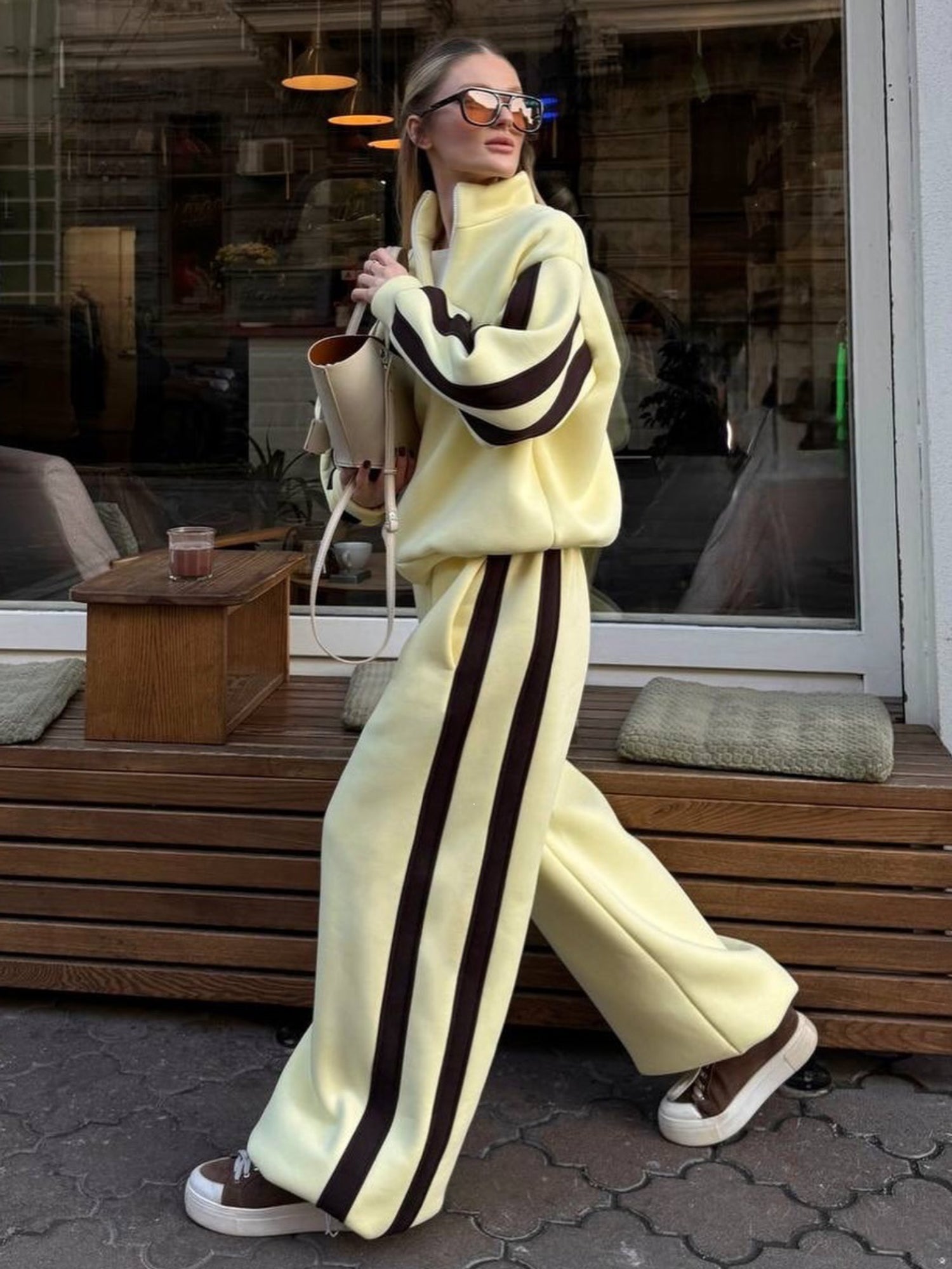 Striped Collared Sweatshirt Wide Leg Pants Set