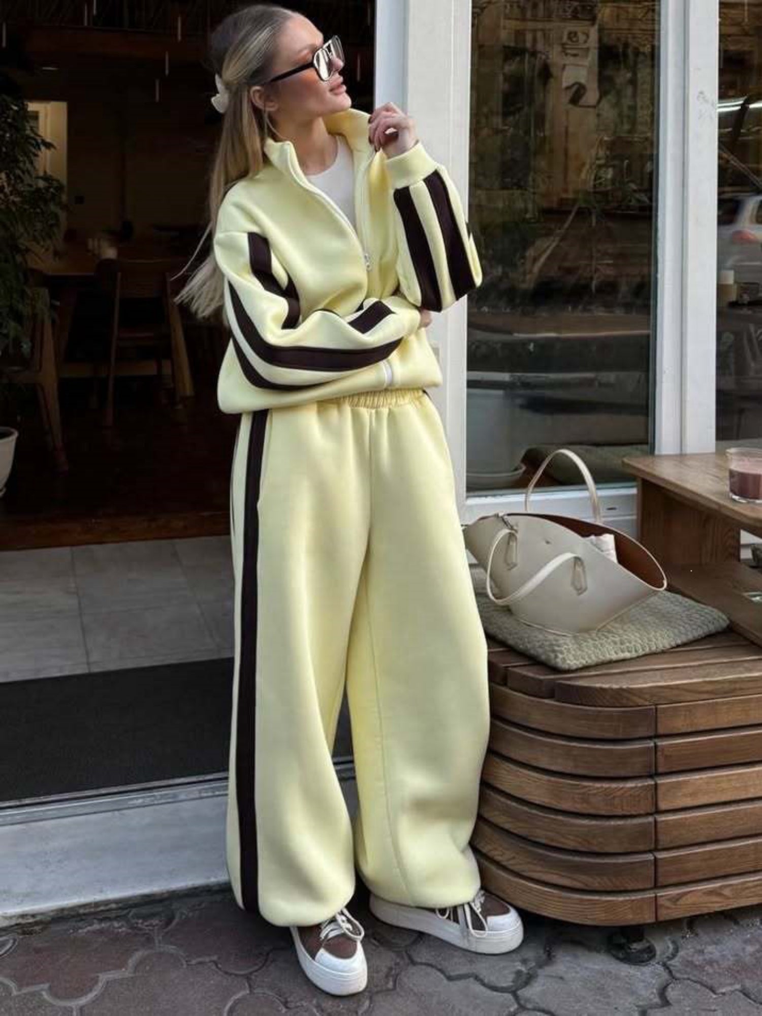 Striped Collared Sweatshirt Wide Leg Pants Set