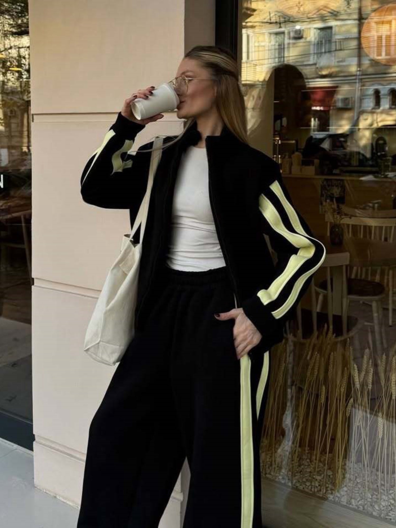 Striped Collared Sweatshirt Wide Leg Pants Set