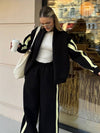Striped Collared Sweatshirt Wide Leg Pants Set