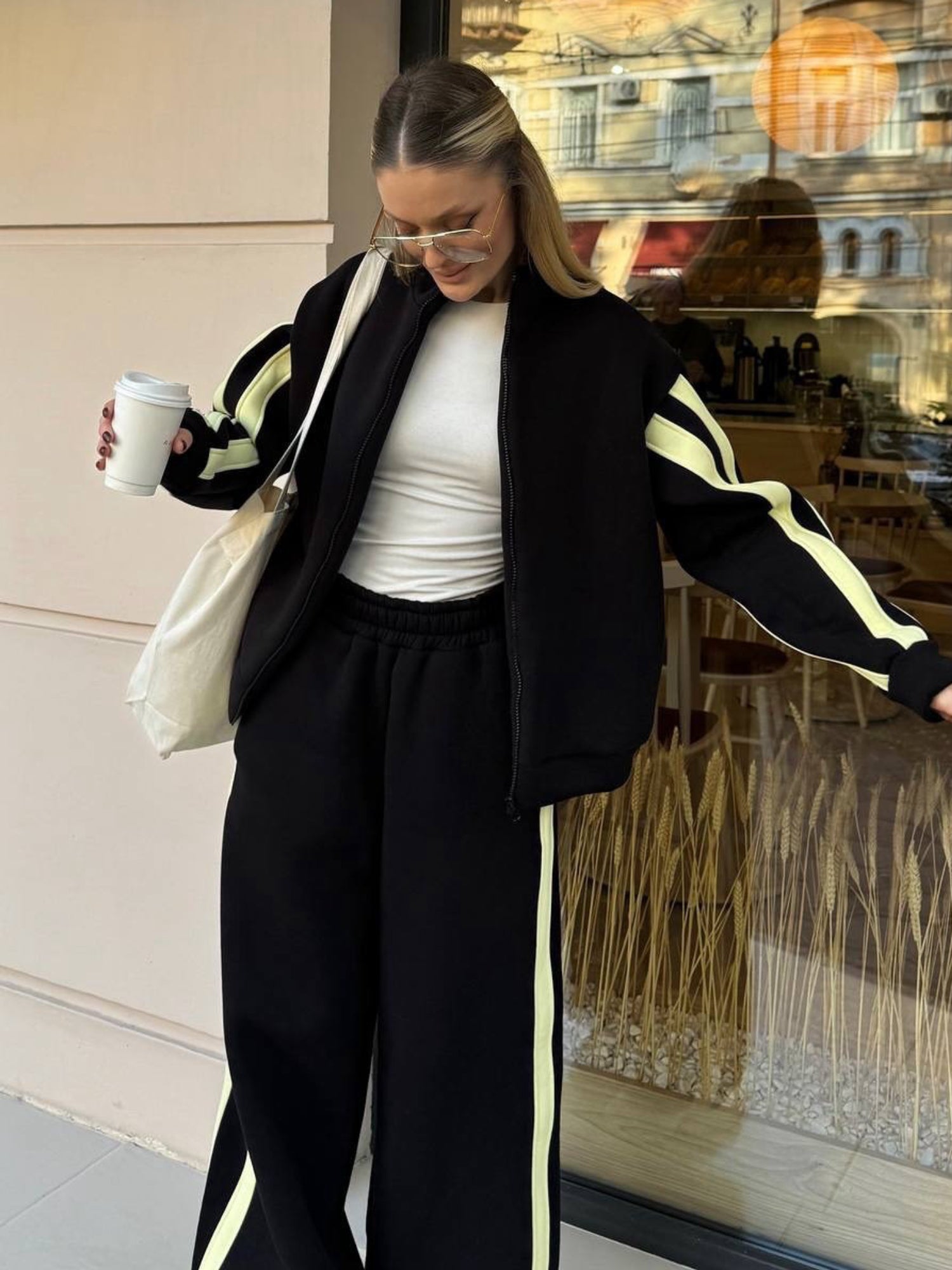 Striped Collared Sweatshirt Wide Leg Pants Set