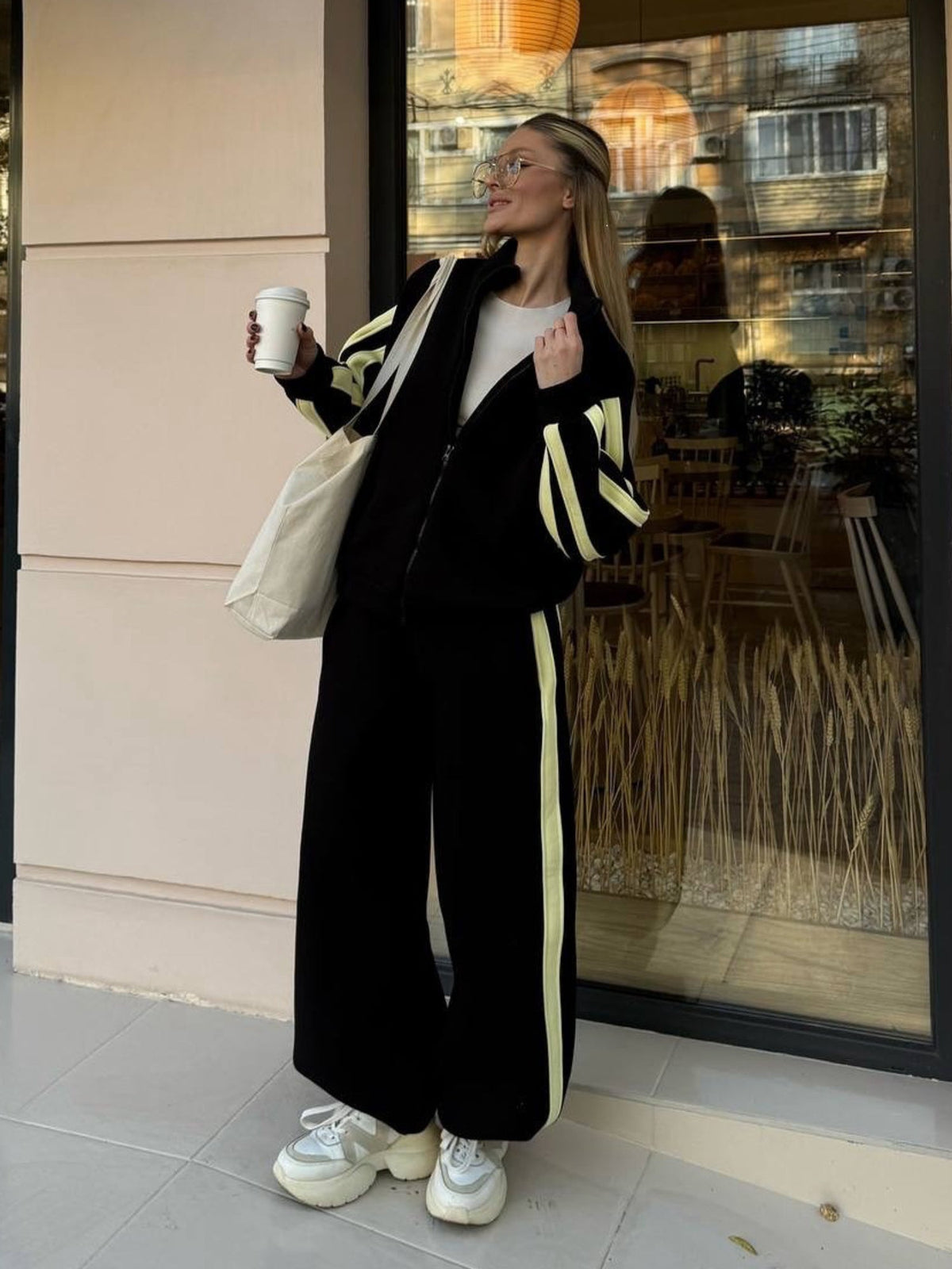 Striped Collared Sweatshirt Wide Leg Pants Set