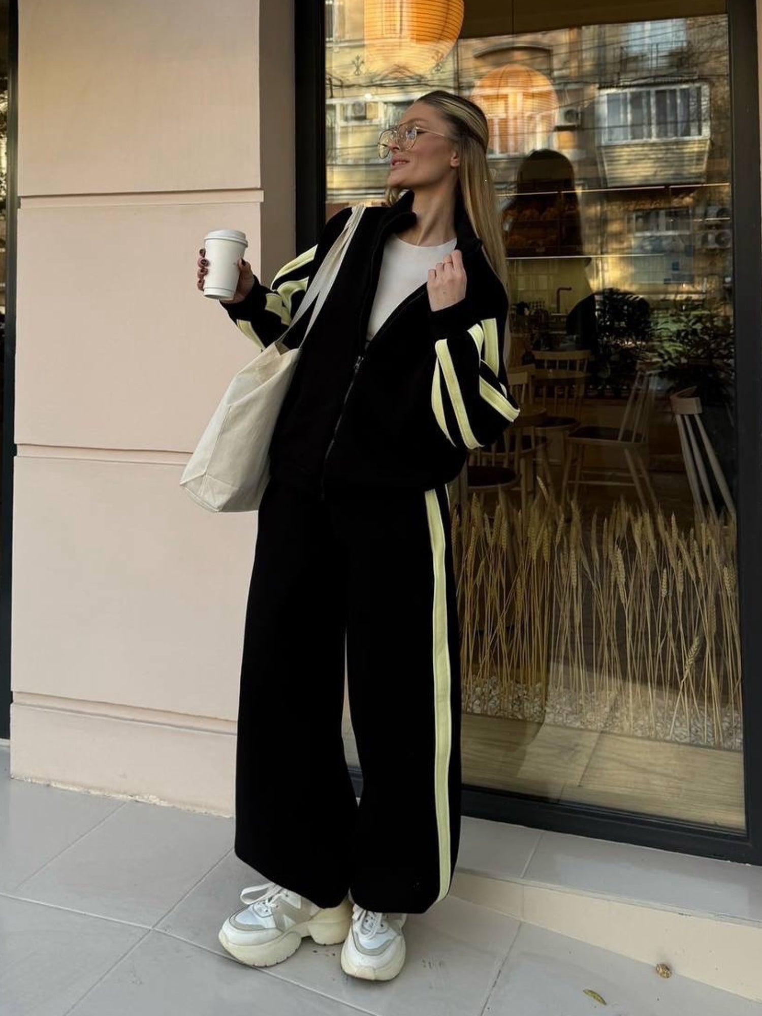Striped Collared Sweatshirt Wide Leg Pants Set