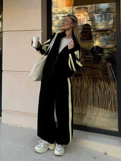 Striped Collared Sweatshirt Wide Leg Pants Set