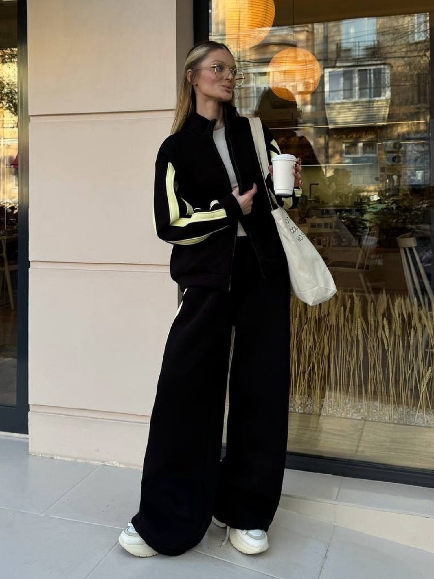 Striped Collared Sweatshirt Wide Leg Pants Set