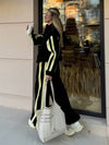 Striped Collared Sweatshirt Wide Leg Pants Set