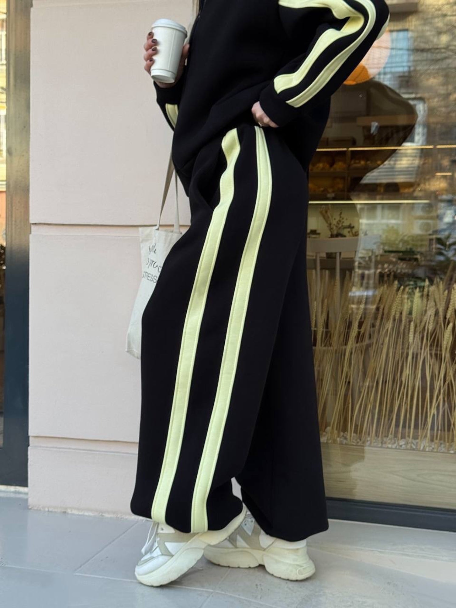 Striped Collared Sweatshirt Wide Leg Pants Set