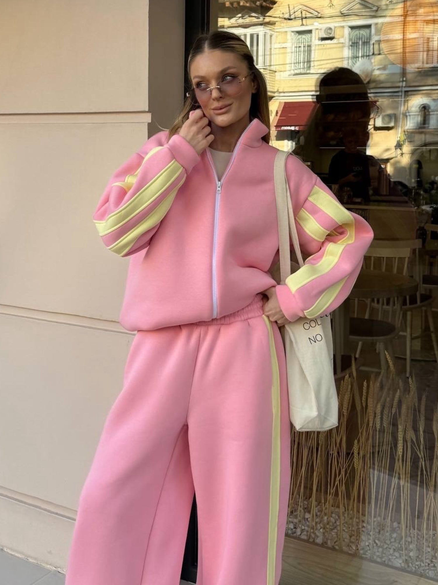 Striped Collared Sweatshirt Wide Leg Pants Set