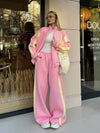 Striped Collared Sweatshirt Wide Leg Pants Set