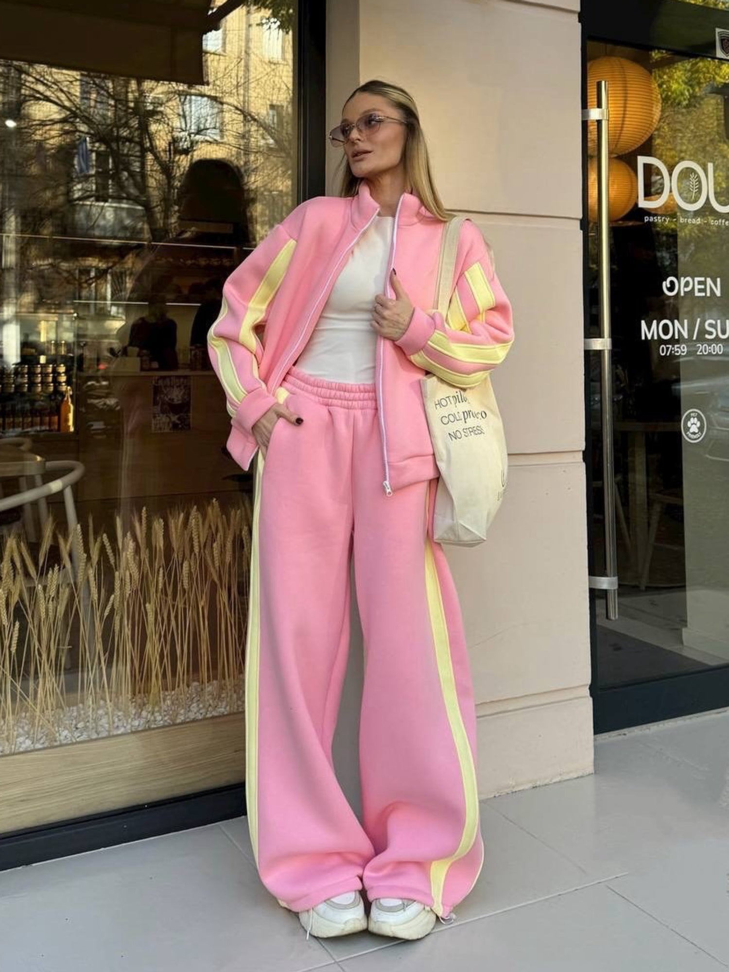 Striped Collared Sweatshirt Wide Leg Pants Set