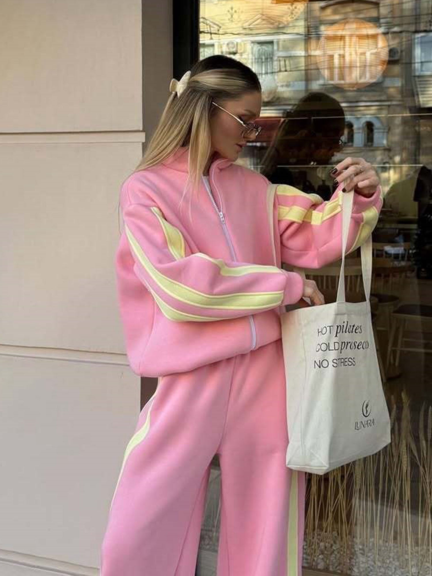 Striped Collared Sweatshirt Wide Leg Pants Set