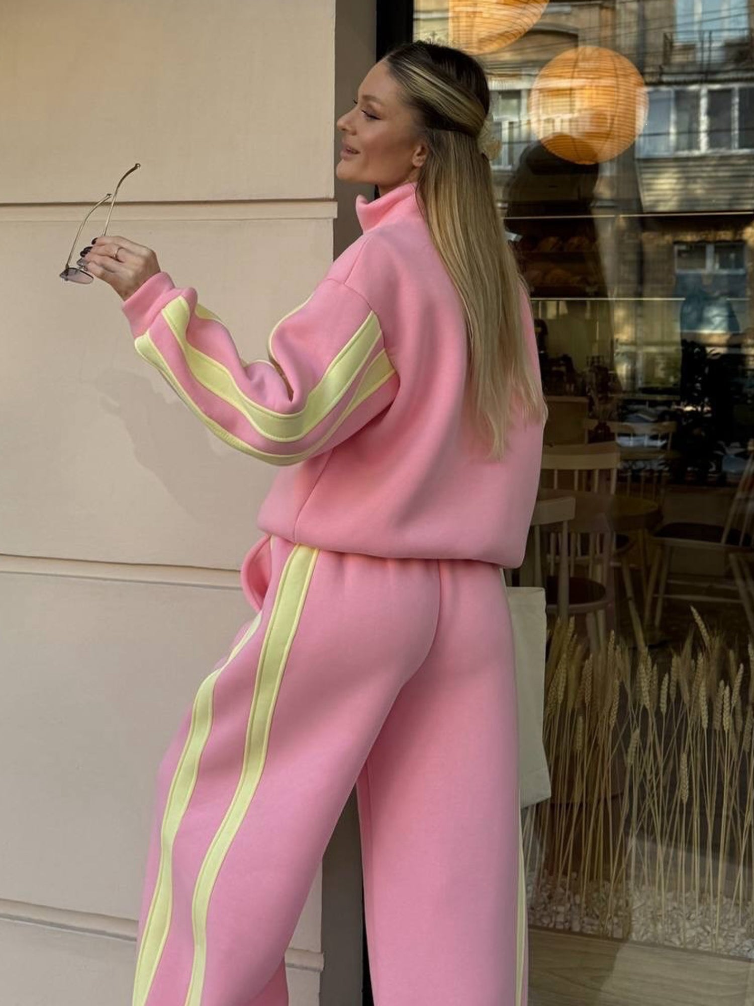 Striped Collared Sweatshirt Wide Leg Pants Set