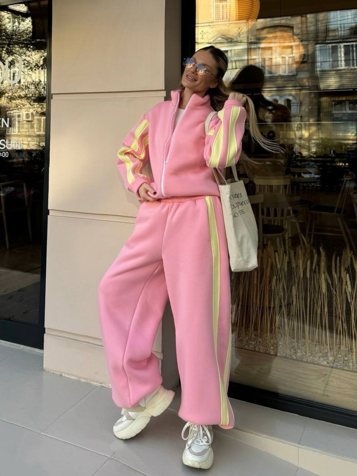 Striped Collared Sweatshirt Wide Leg Pants Set