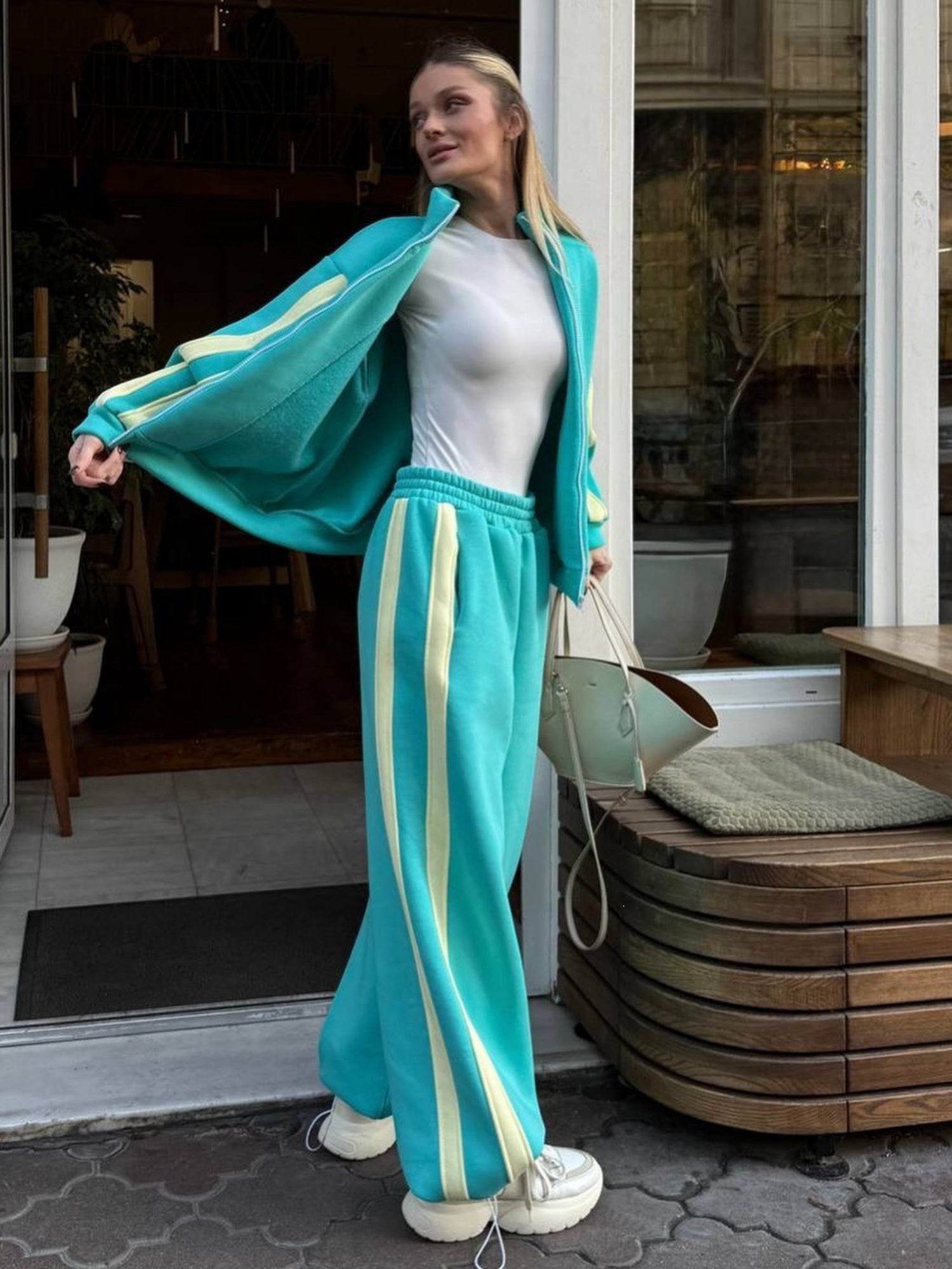 Striped Collared Sweatshirt Wide Leg Pants Set