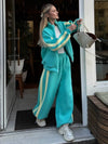 Striped Collared Sweatshirt Wide Leg Pants Set