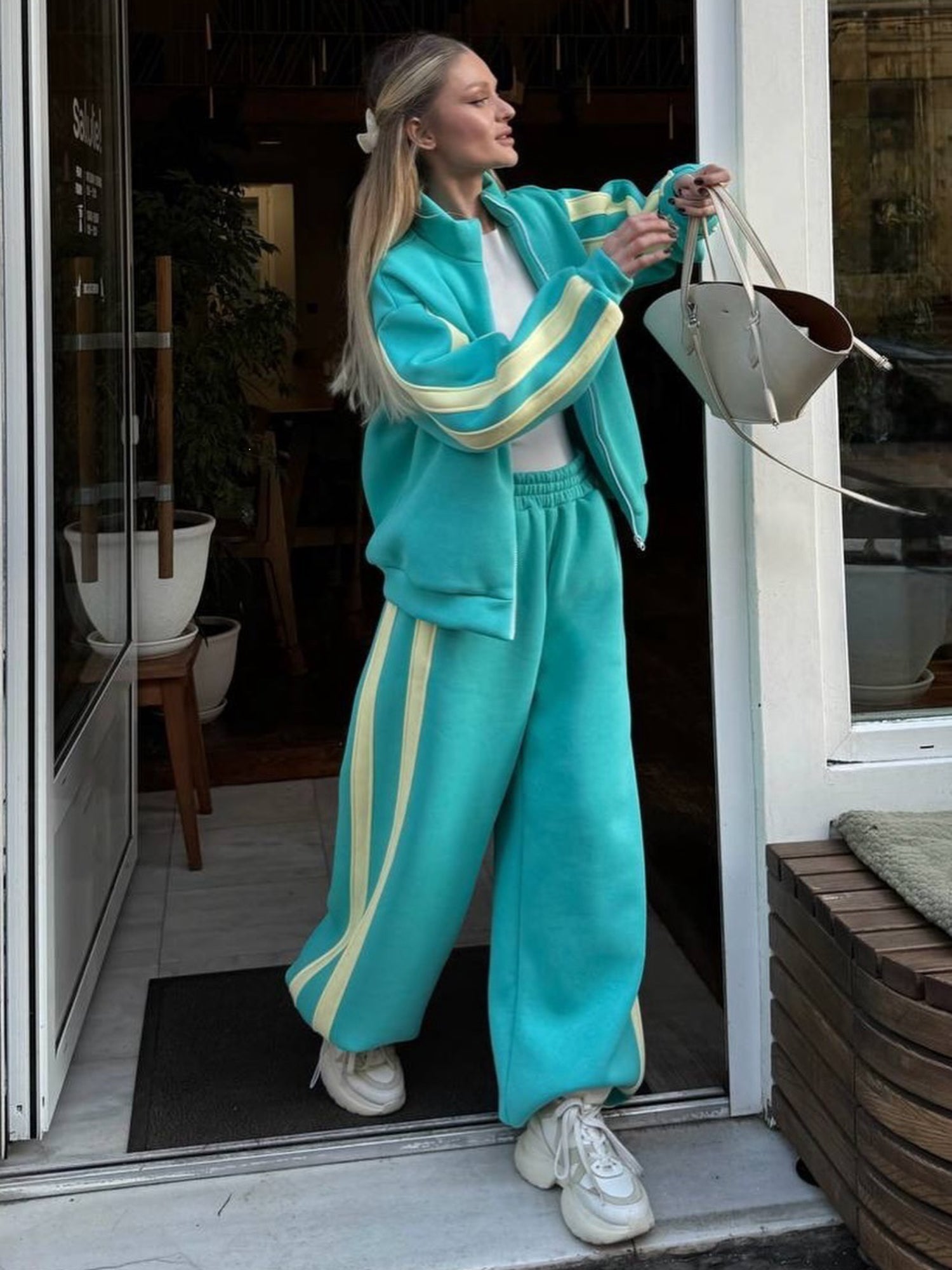 Striped Collared Sweatshirt Wide Leg Pants Set