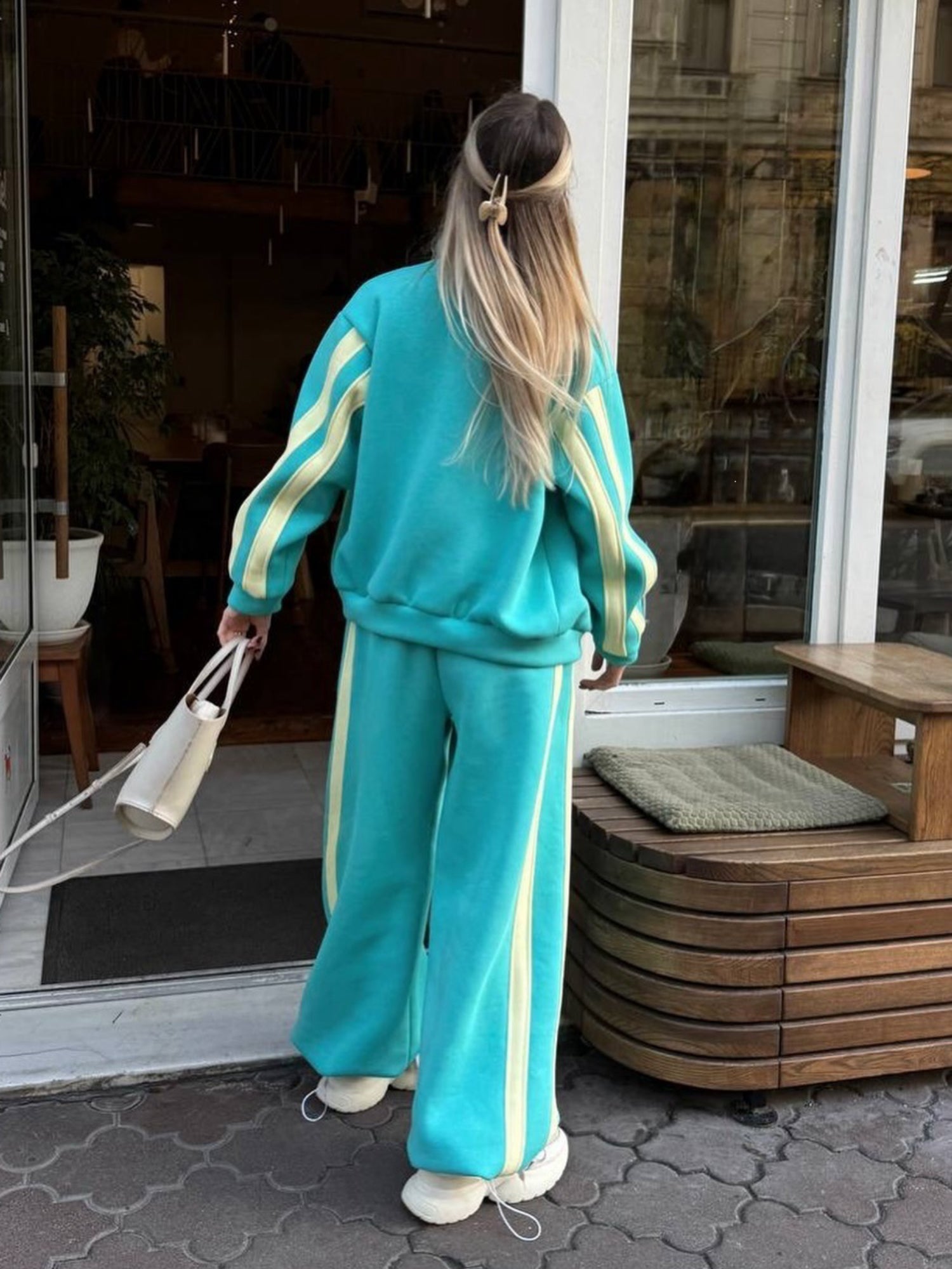 Striped Collared Sweatshirt Wide Leg Pants Set