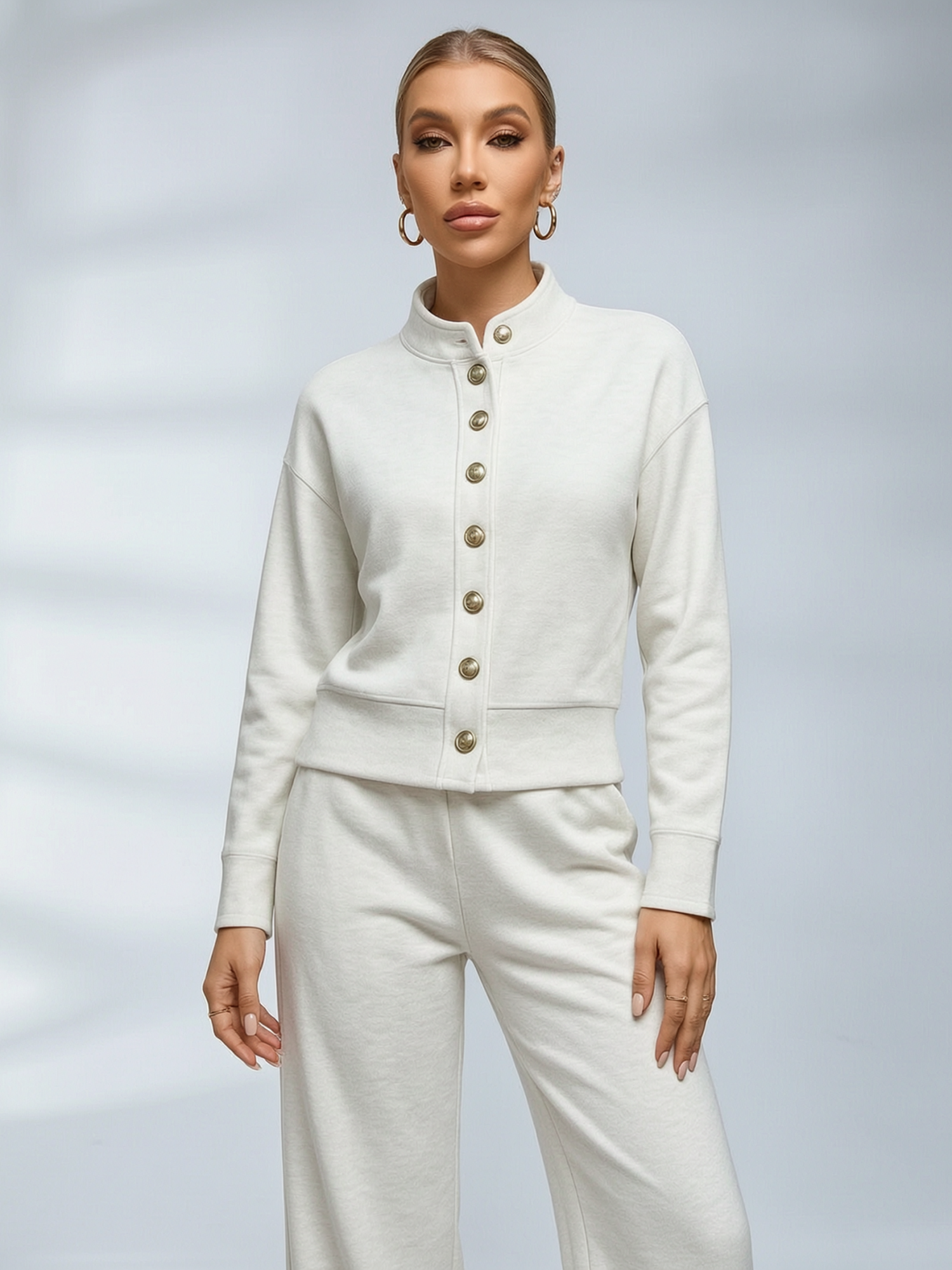 Stand Collar Button Sweatshirt Wide Leg Pants Set