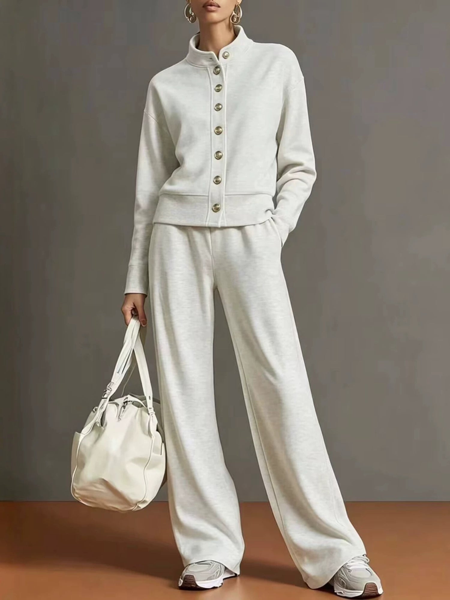 Stand Collar Button Sweatshirt Wide Leg Pants Set