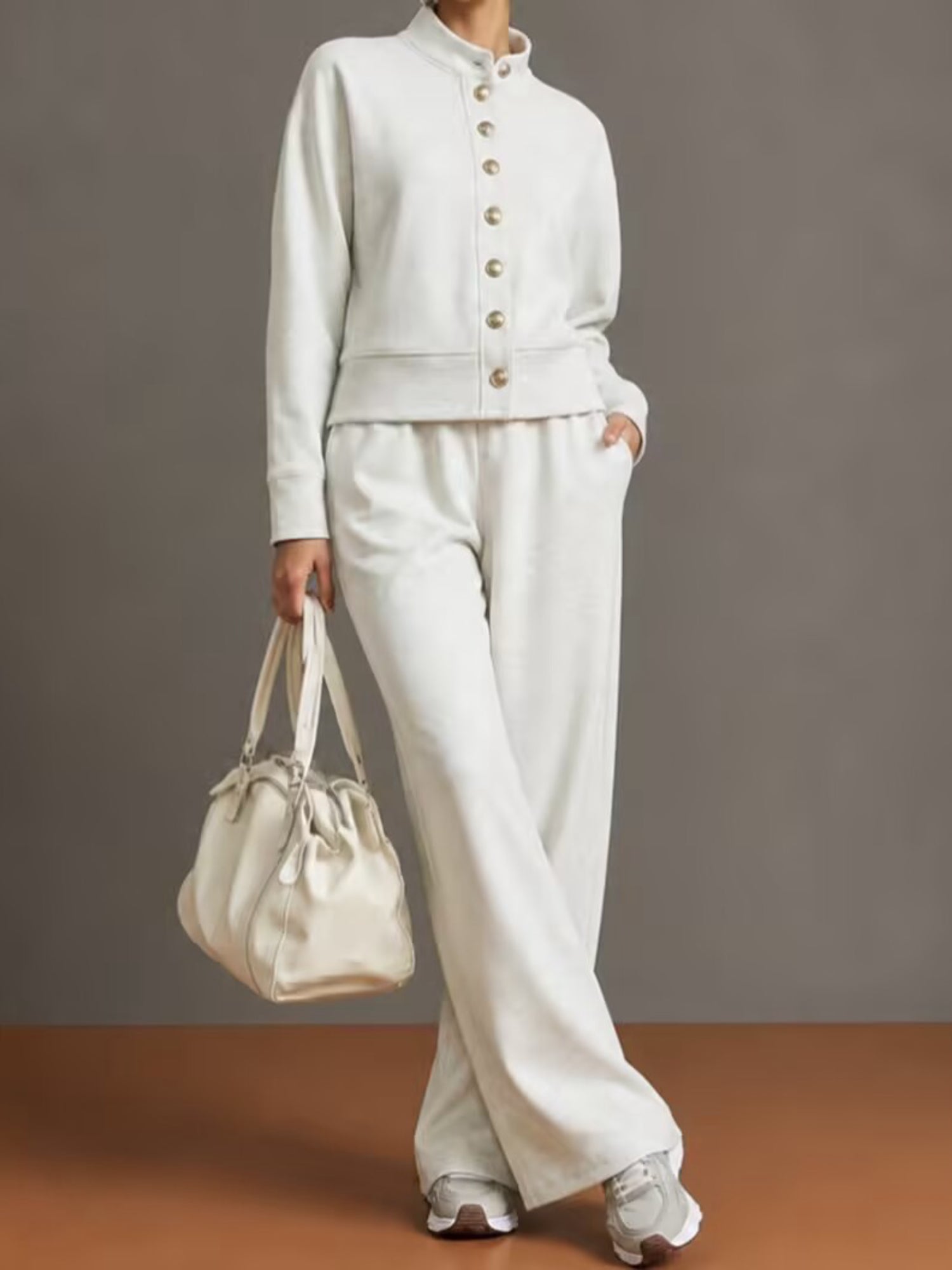 Stand Collar Button Sweatshirt Wide Leg Pants Set