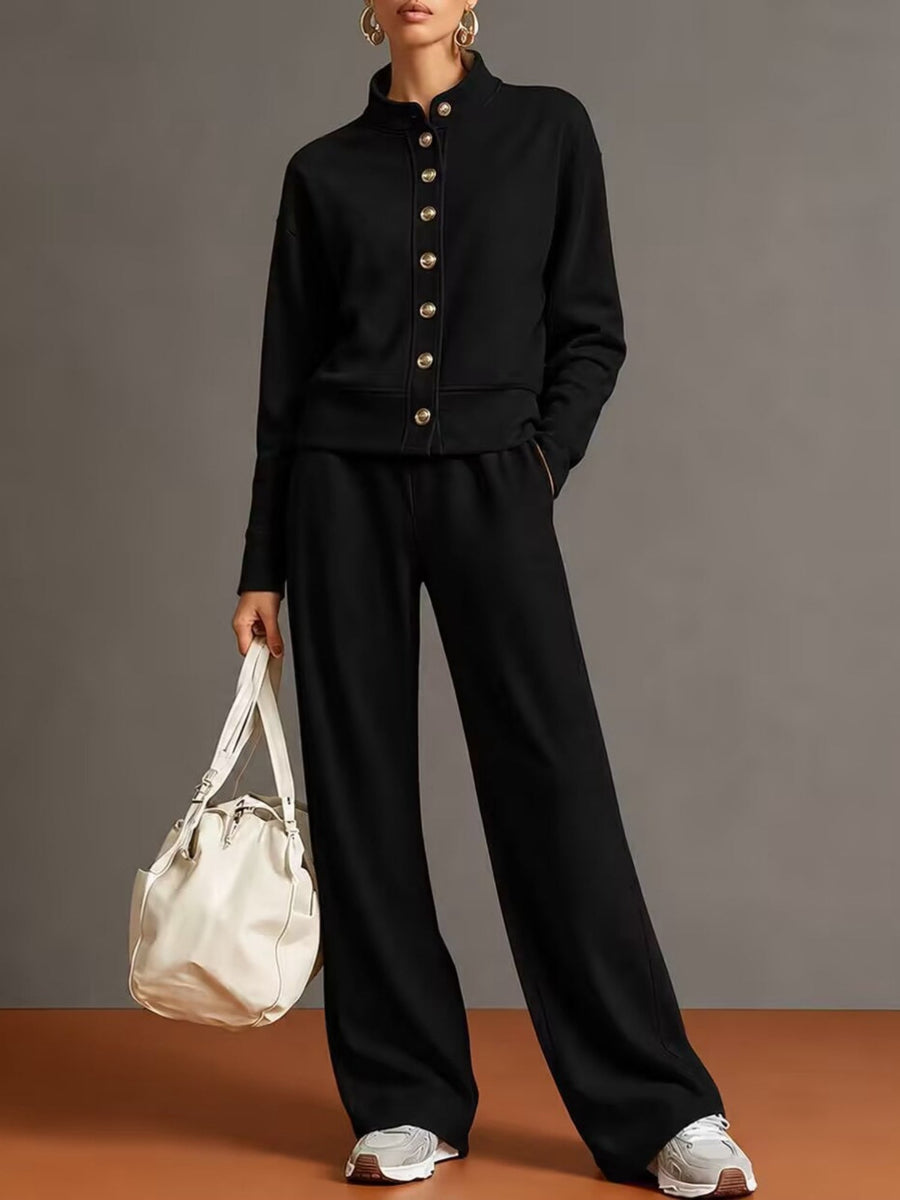 Stand Collar Button Sweatshirt Wide Leg Pants Set